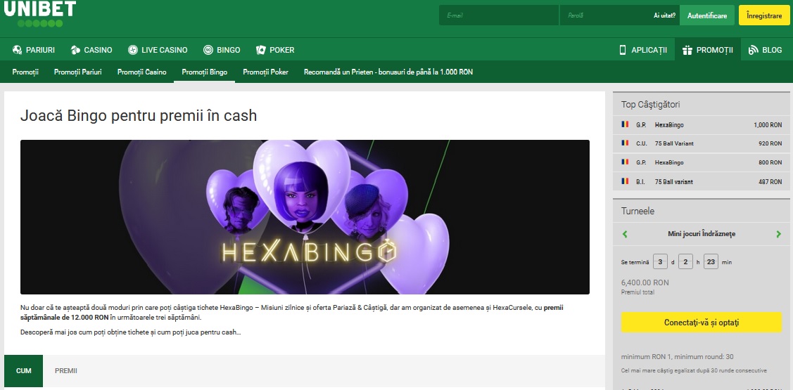Joaca Hexabingo la Unibet pentru premii cash saptamanale