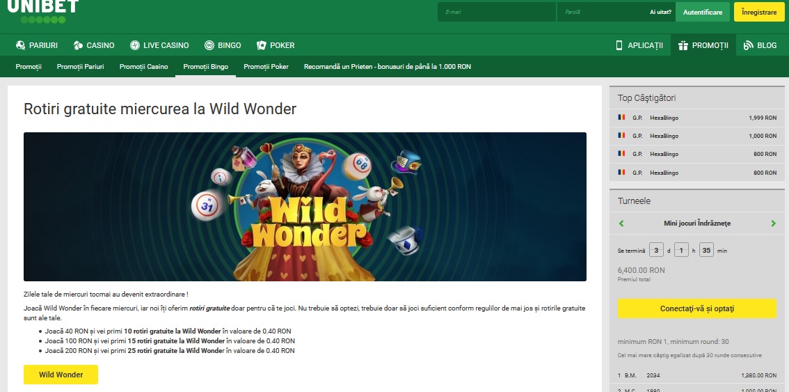 La Unibet mesele bingo Wild Wonder vin cu rotiri gratis