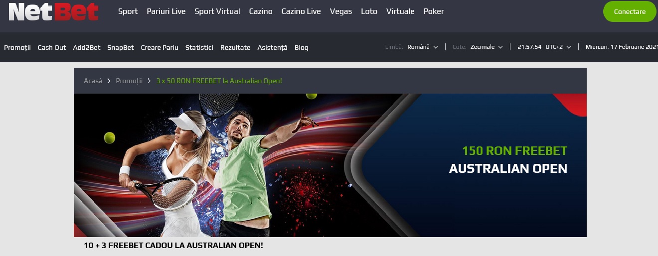 Nu rata cele 3 free bet de 50 la Australian Open cu Netbet